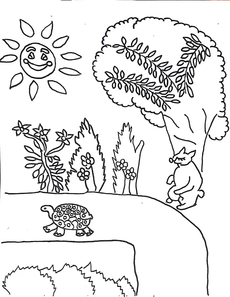 On this page of animal colouring pages, there is a race between a rabbit and a tortoise. ( image 2)