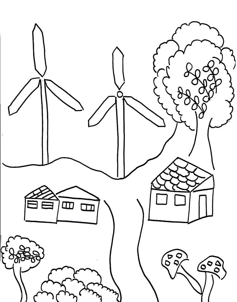 On this page of children's colouring pages, there is a wind turbine, which provides electric energy to a village.