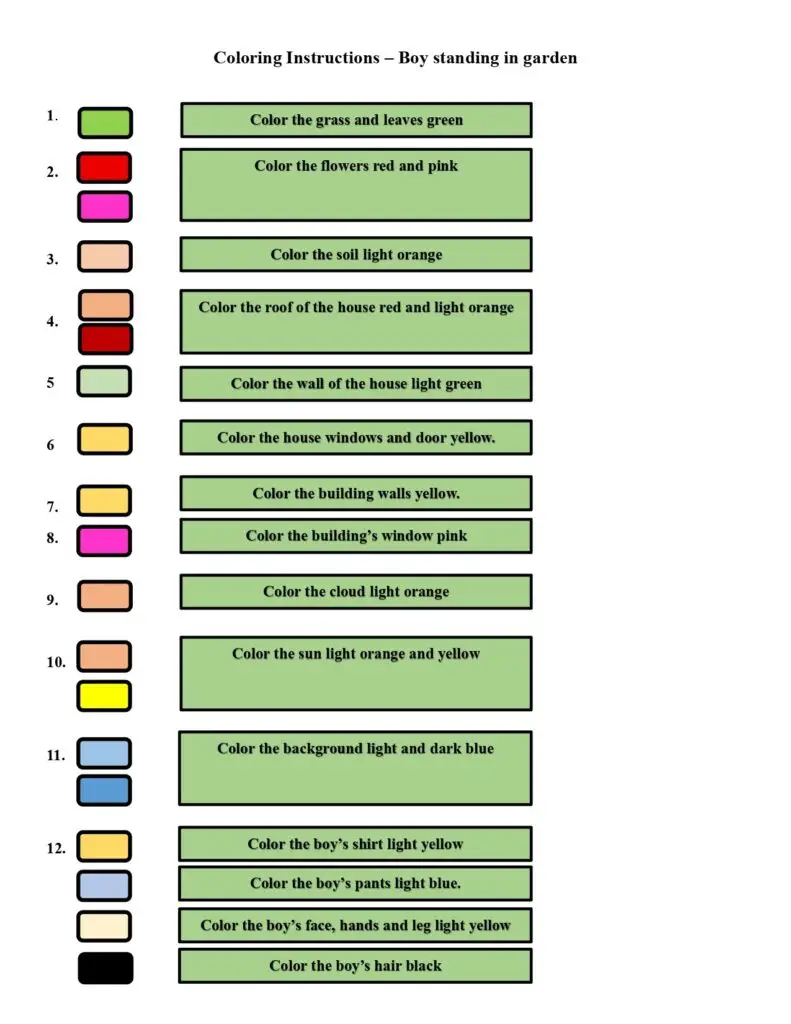 On this page, there are coloring instructions for boys standing in the garden.