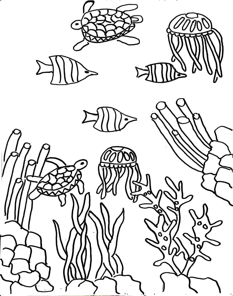 On this page of adult coloring pages, there are seaweed along with animals.