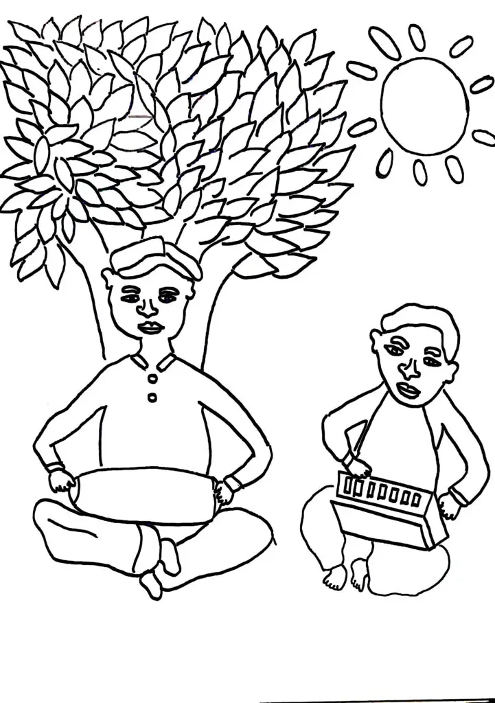 .On this page of colouring pages for adults, there are two people below the tree. Among them, one plays the dholki, while the other plays an Indian harmonium.