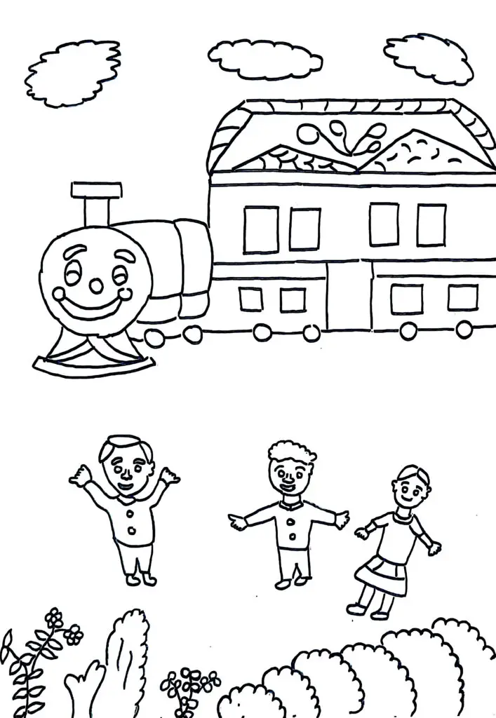 On this page of childrens coloring pages, children are playing at kindergarten school.