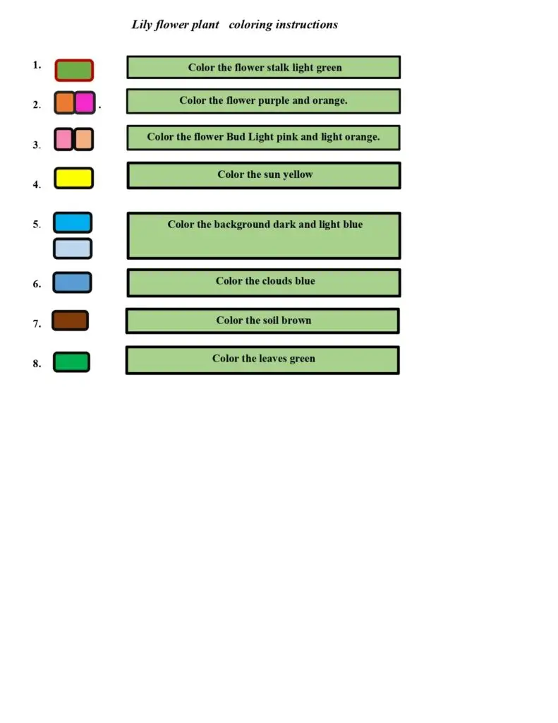 On this page, there are coloring instructions for the lily flower plant.