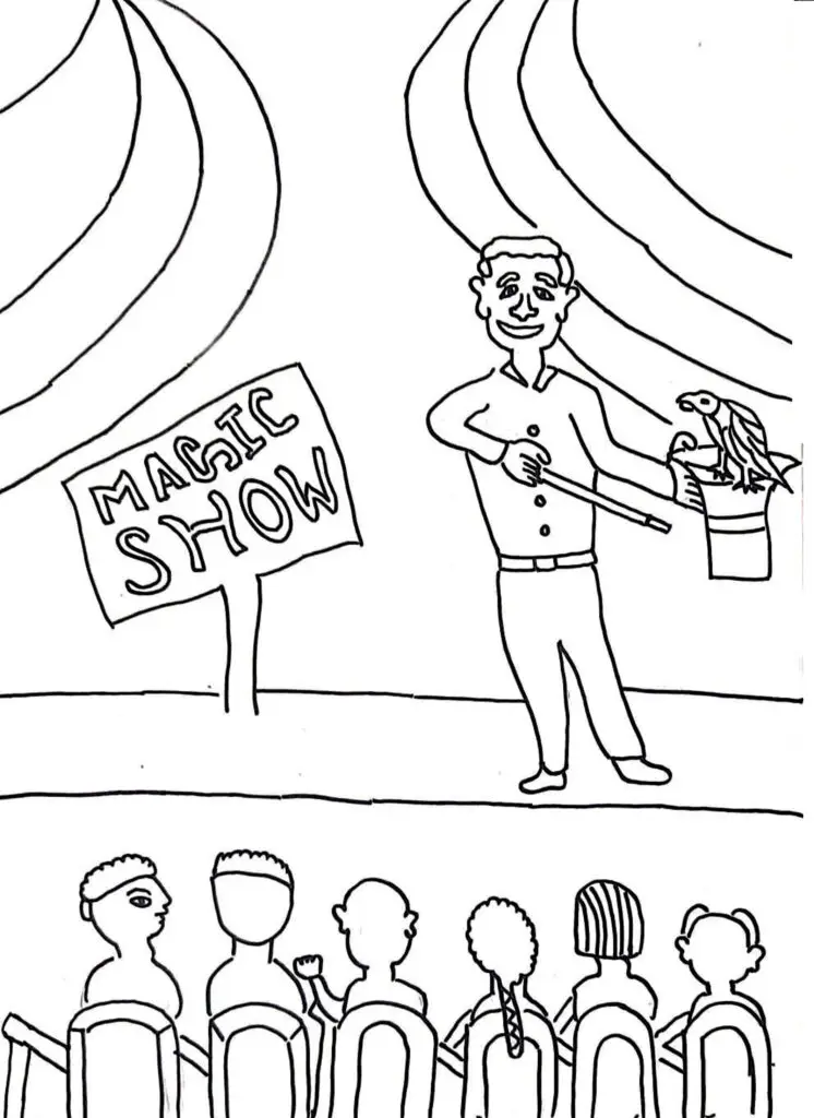 On this page of fun coloring pages, there is a magician.