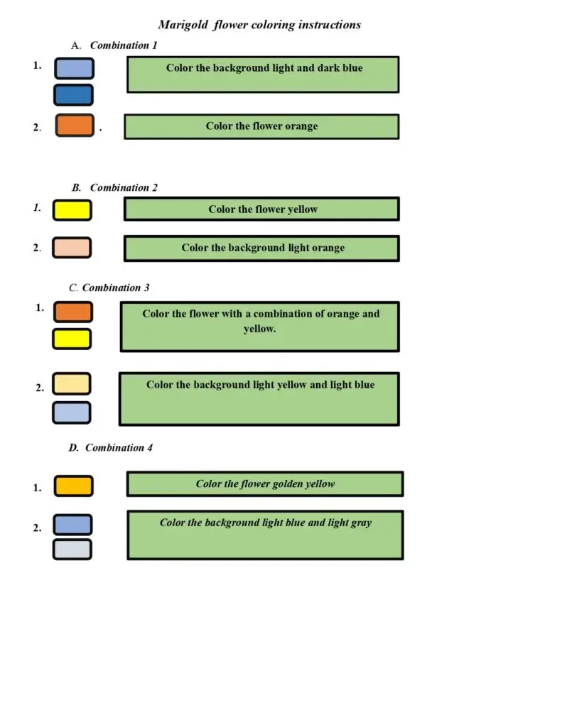 On this page, there are coloring instructions for Marigold flowers.