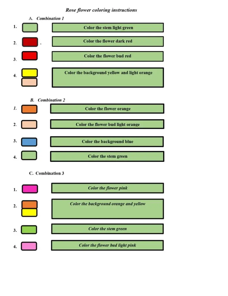 On this page, there are rose flower coloring instructions.