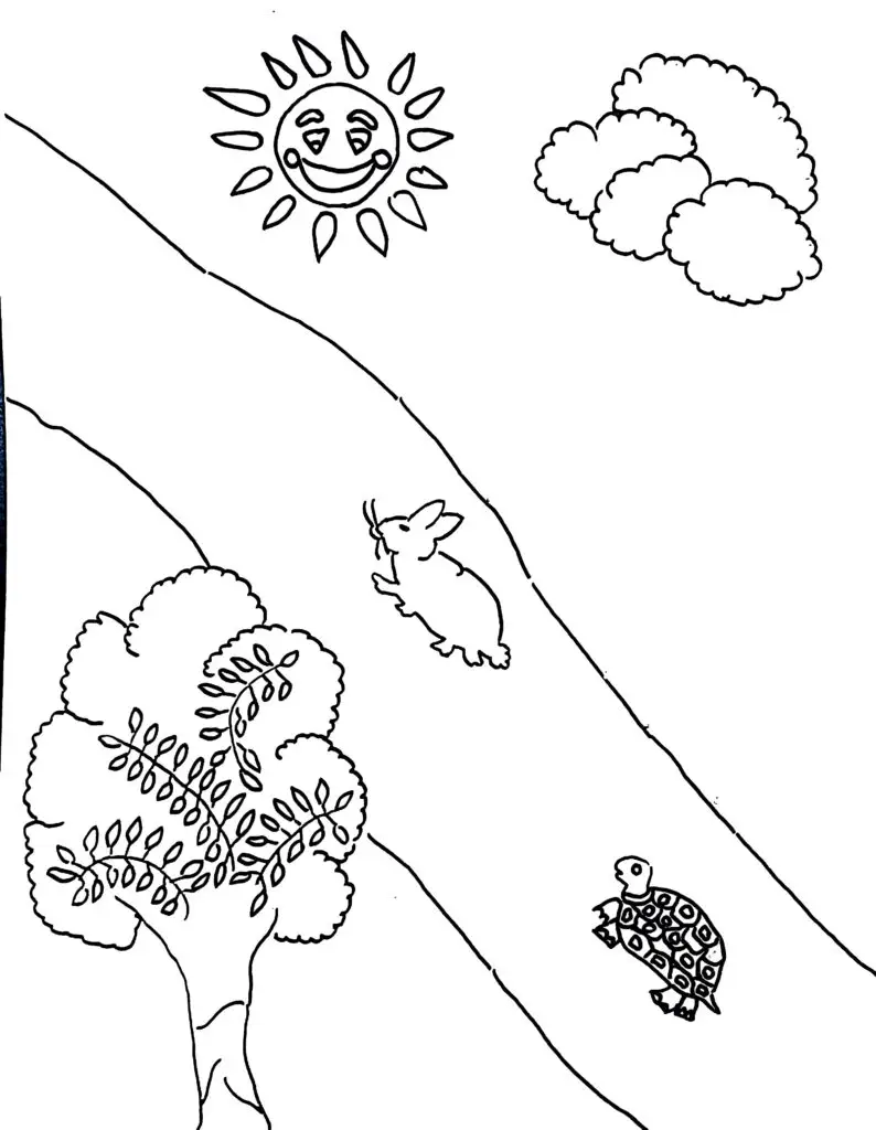 On this page of children's coloring pages, there is a drawing of the fable The Tortoise and the Hare.