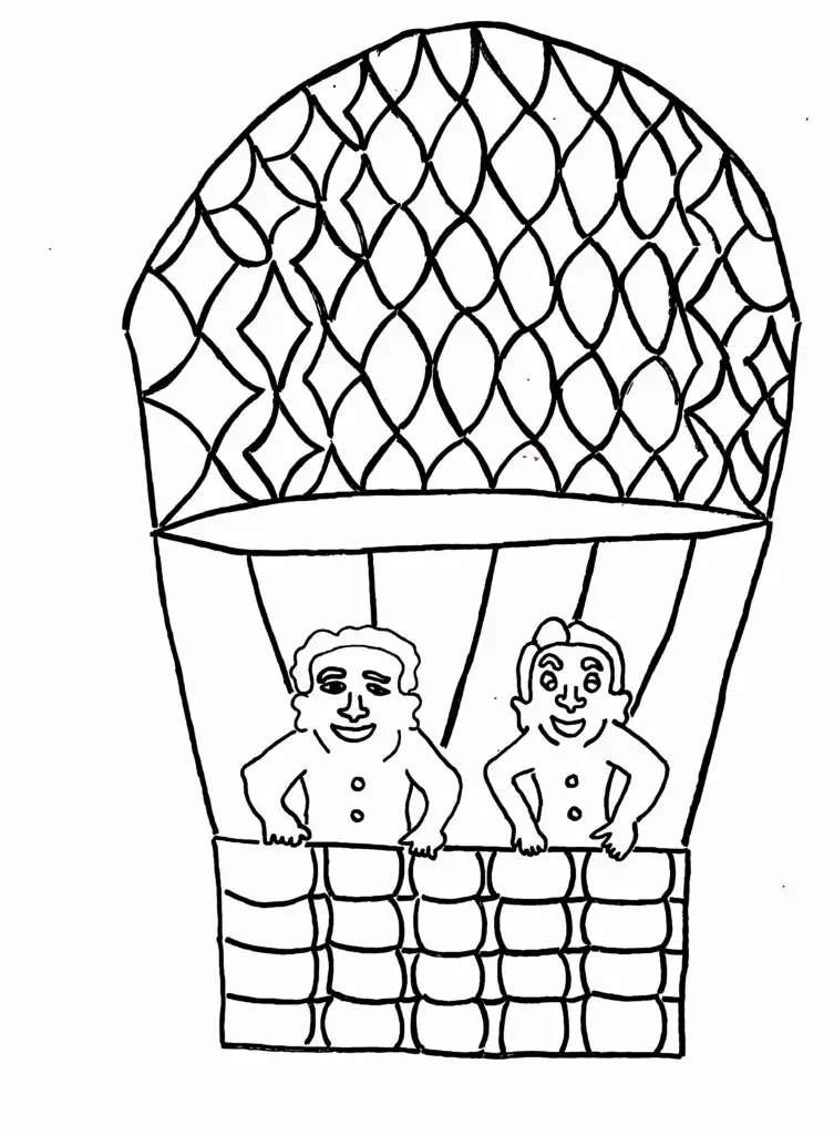 On this page of fun coloring pages, two friends are flying in a parachute.