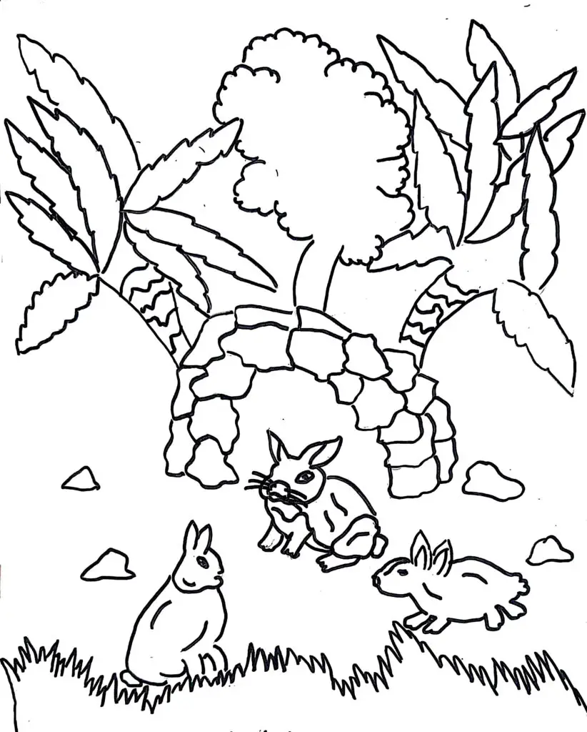 On this page of animal coloring pages, there are rabbits outside their home.