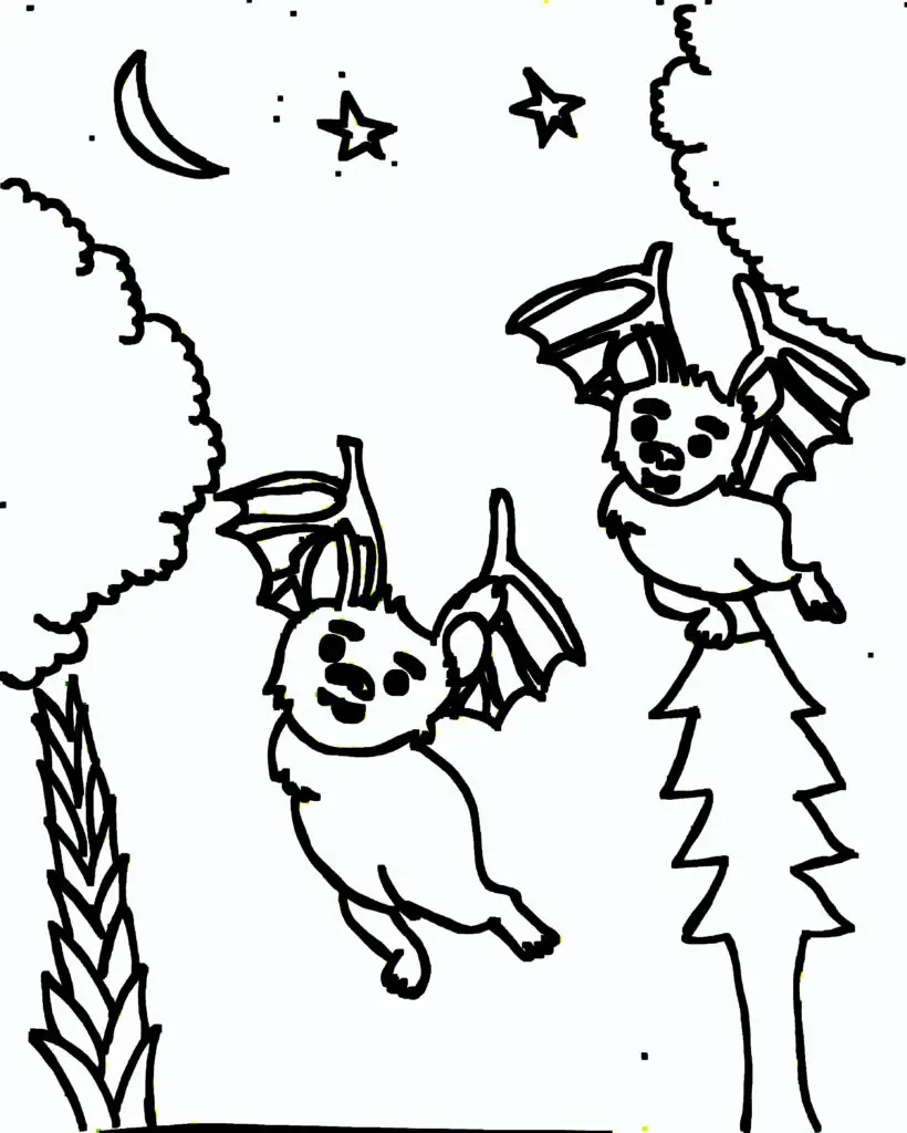 On this page of animal colouring pages, a bat flies at night. The bat is searching for food.