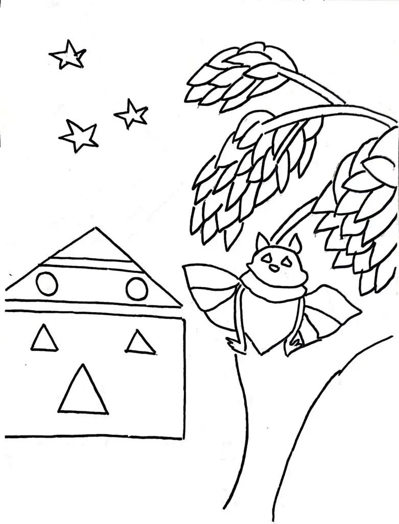 On this page of animal colouring pages, a bat is flying above the house.