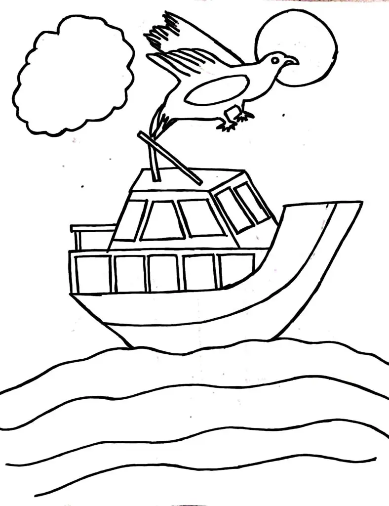 Among the childrens colouring pages, this page shows a dramatic scene of a boat trapped in the ocean. Surrounded by rough, high waves, the boat appeared to be struggling to move forward. Above the boat, a bird soars freely through the clear sky. The sun shines brightly behind the bird, casting a warm glow over the scene.