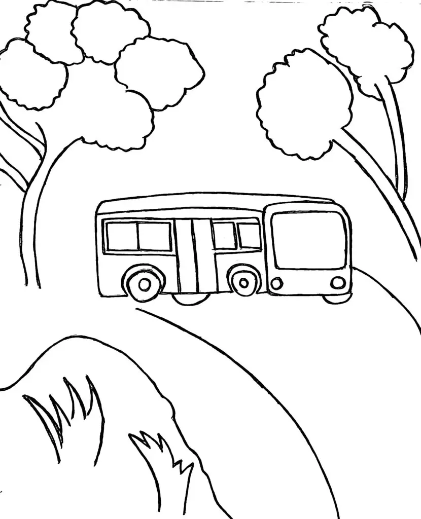 Among the childrens colouring pages, this page showcases a school bus traveling along a quiet countryside road. On the side of the road, tall trees are there, their leaves swaying gently in the breeze. The fresh green grass stretches along the roadside in a soft, curving line, adding to the calm and peaceful atmosphere. The school bus is brightly drawn, with clear outlines for the windows and doors.