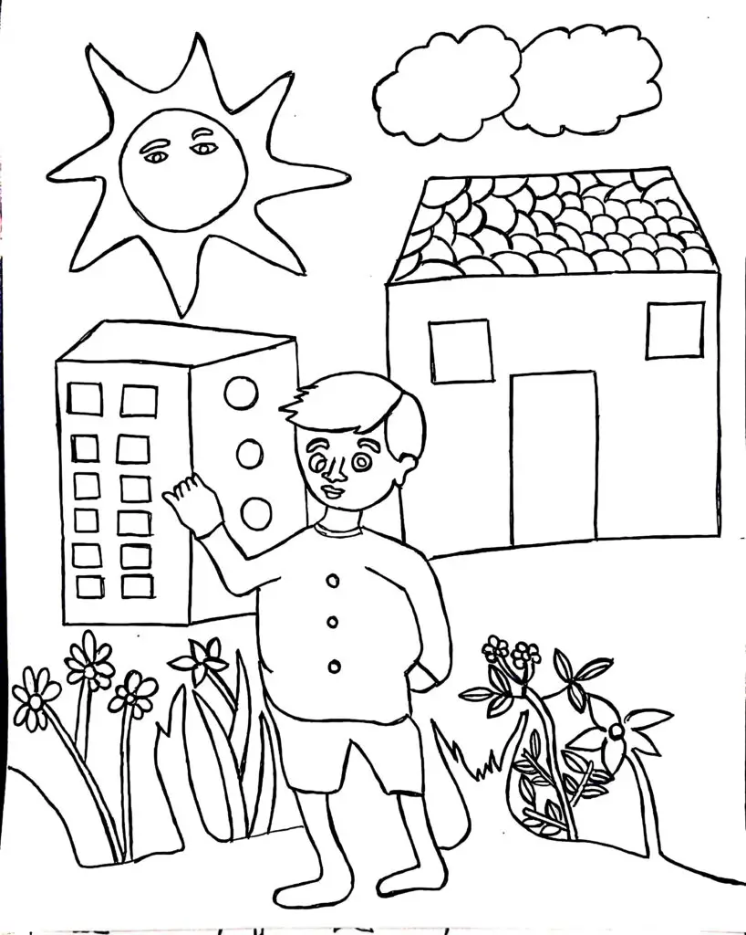 On this page of fun colouring pages, a young child stands cheerfully outside his house, surrounded by the beauty of a vibrant garden. Colorful flowers sway gently in the breeze, and lush green grass. Behind the child, there is a house. In the background, a taller building peeks above the rooftops. The golden sun shines brightly in the sky. Two fluffy white clouds beside the sun.