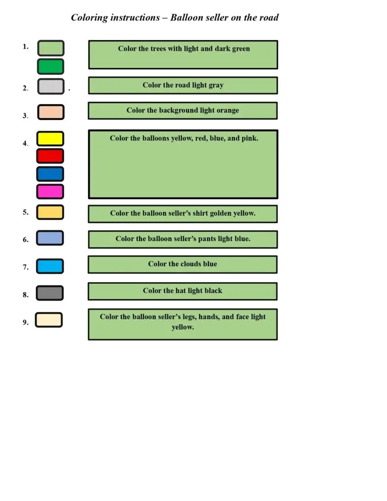 On this page, there are coloring instructions for a balloon seller on the road.