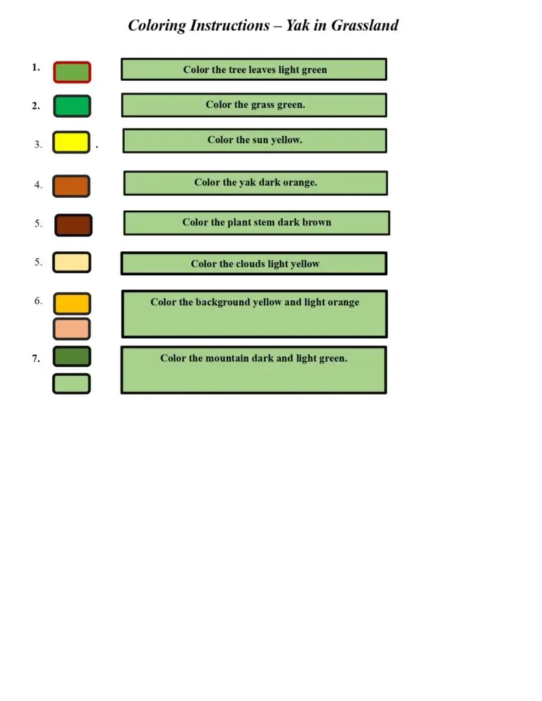 On this page, there are coloring instructions for Yak on grass.
