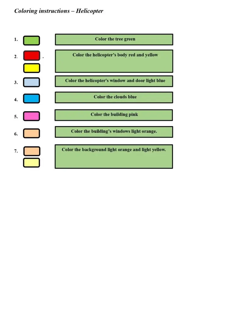 On this page, there are coloring instructions for helicopters near a building.