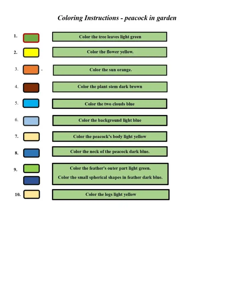 On this page, coloring instructions for a peacock in the garden.