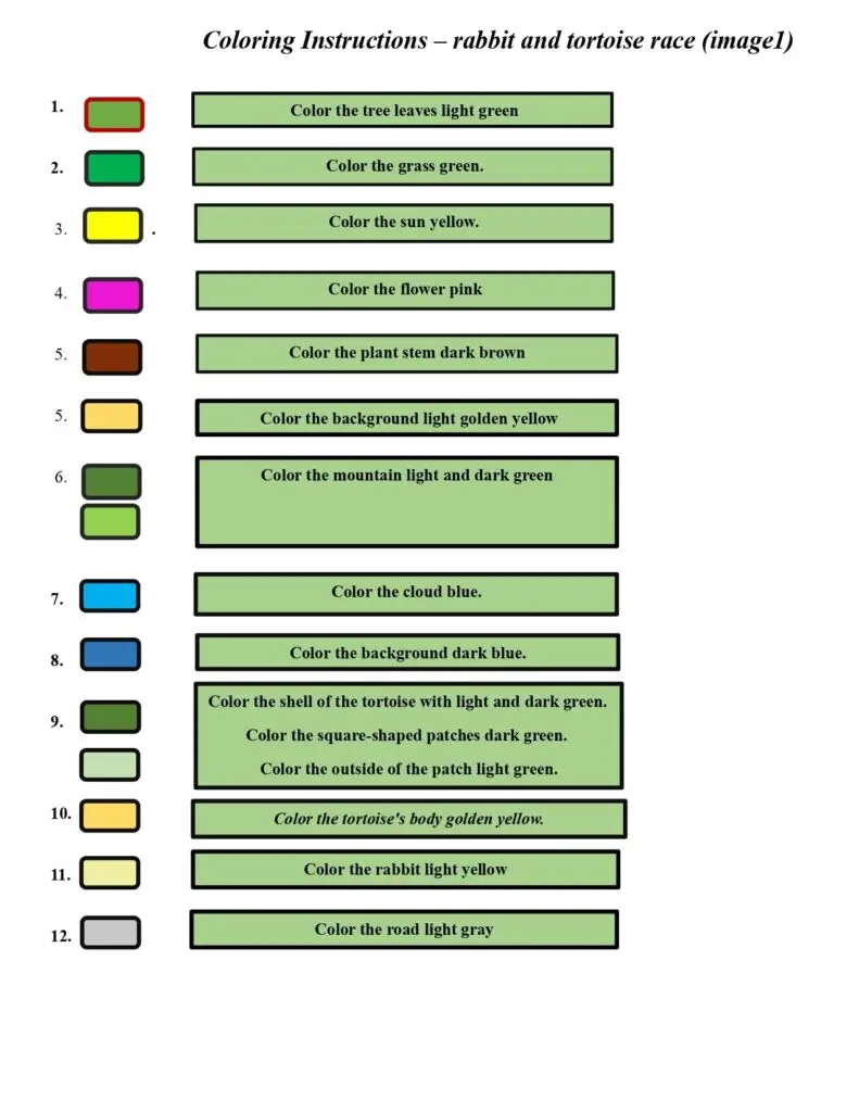 On this page, there are coloring instructions for the rabbit and tortoise race (image 1).
