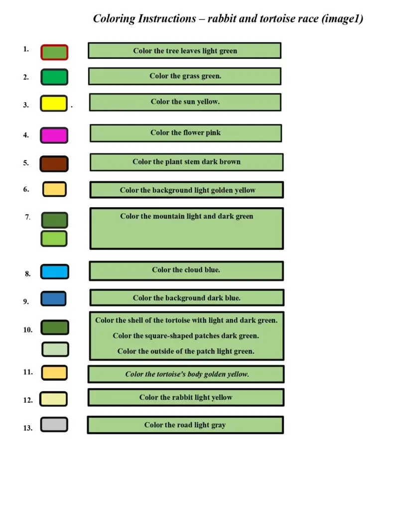 On this page, there are coloring instructions for the rabbit and tortoise race.(image1)