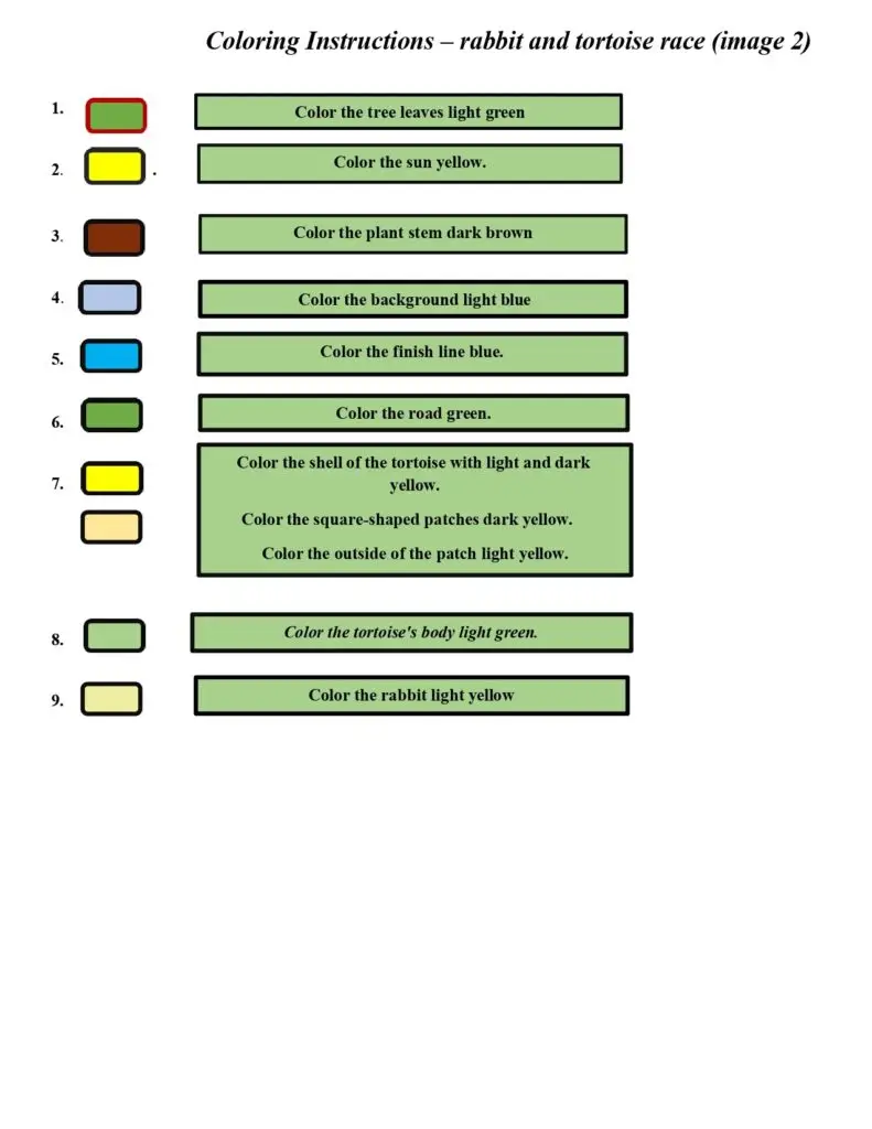 On this page, there are coloring instructions for the rabbit and tortoise race.(image2)