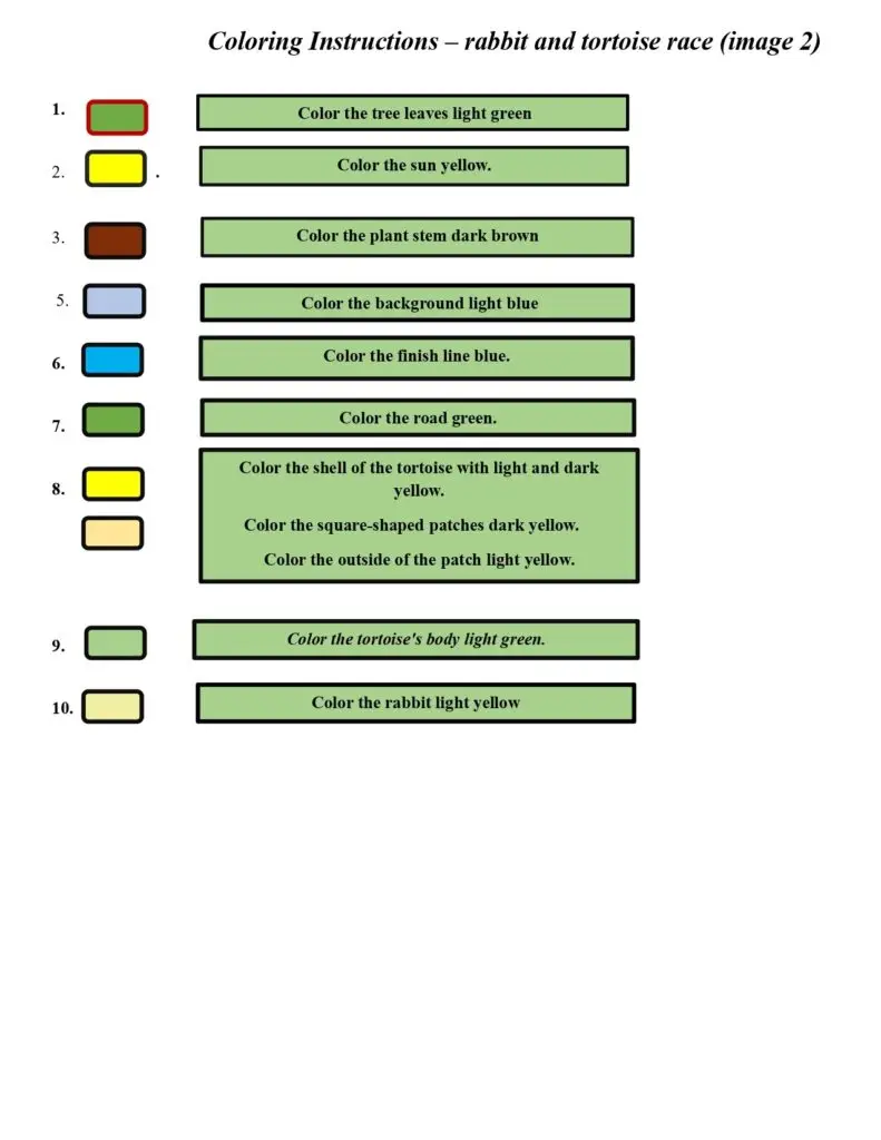 On this page, there are coloring instructions for the rabbit and tortoise race (image 2).