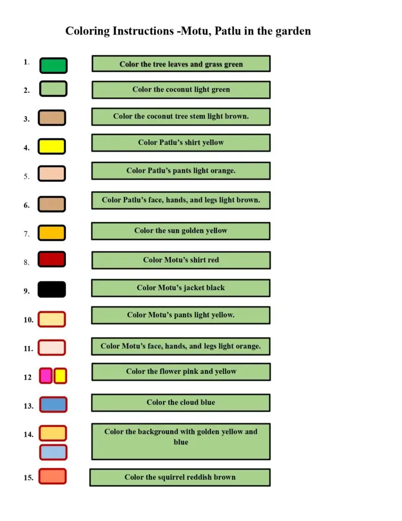 On this page, there are coloring instructions for Motu and Patlu in the garden.