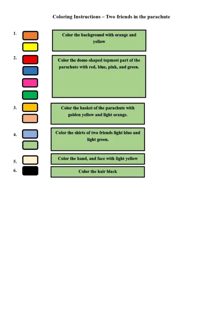 On this page, there are coloring instructions for two friends in the parachute.