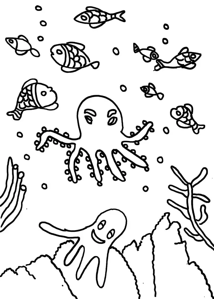 On this page of colouring pages for adults, there are octopuses and fish in deep sea water.