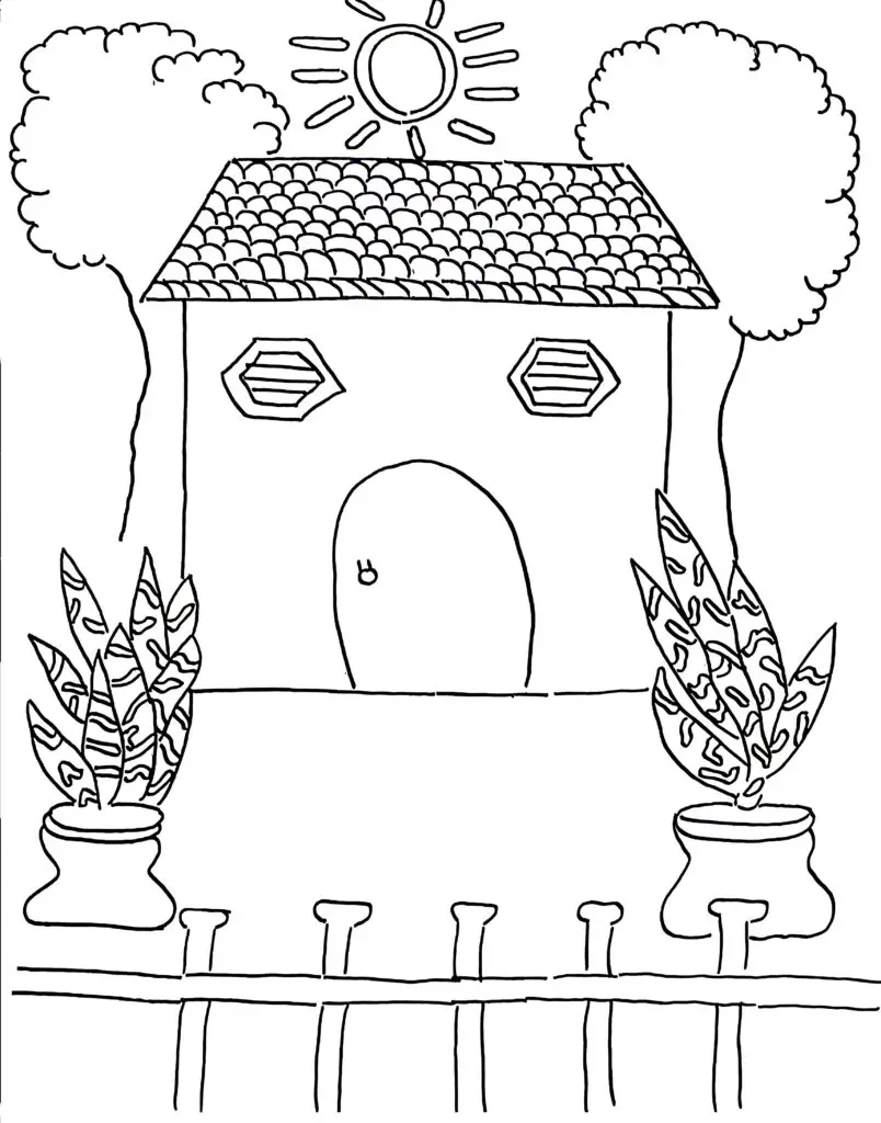 On this page of coloring pages for adults, there is a snake plant in the house garden.