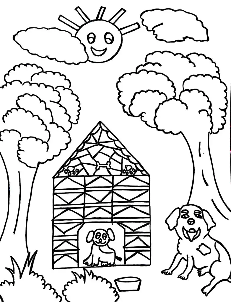 On this page of animal coloring pages, there is a dog and a puppy in their house.