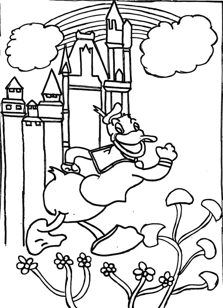 On this page of colouring pages of disney, Donald Duck is visiting a fort. In front of the fort, there is a beautiful flower garden. At the backside of the fort, there is a beautiful rainbow, in between two clouds.