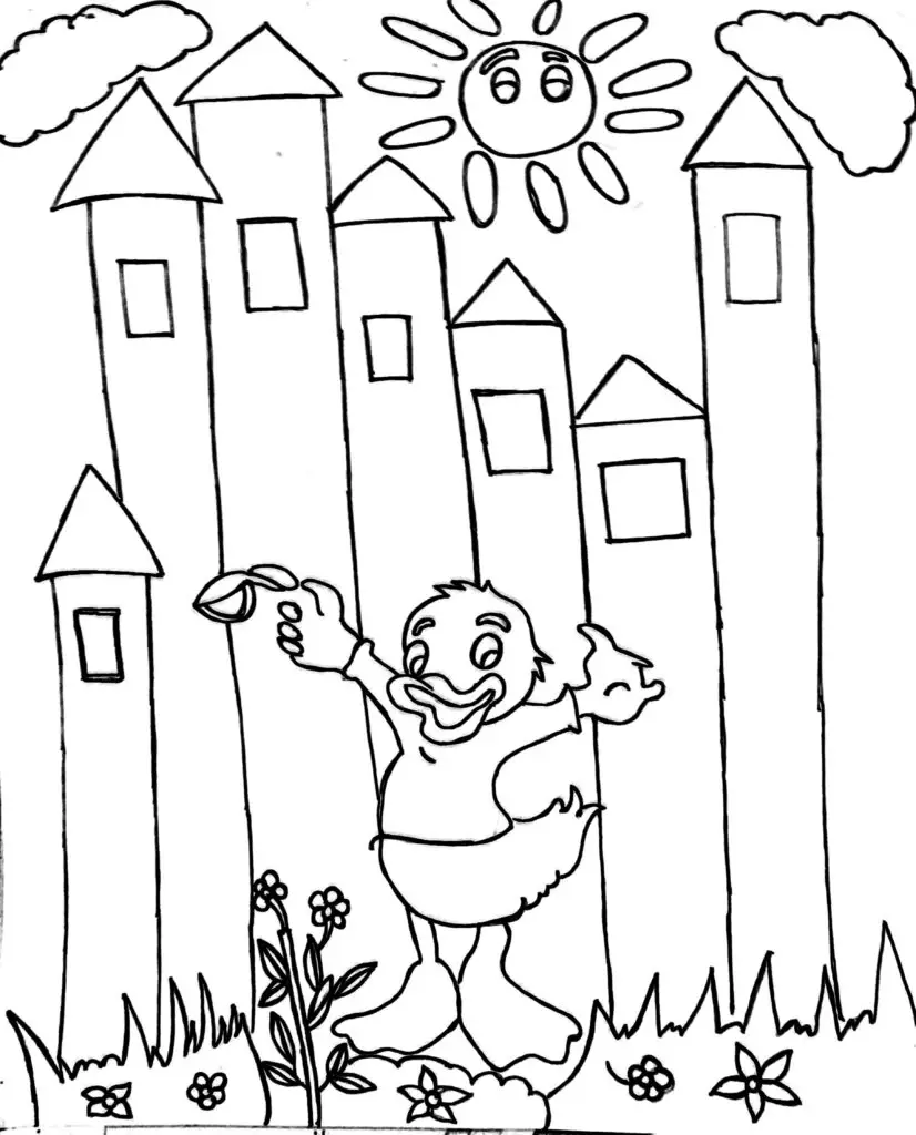 On this page, among the colouring pages of Disney, there is a Duckbird standing in front of the fort. In front of the fort, there is a beautiful garden. At the backside, there is the sun and two clouds.