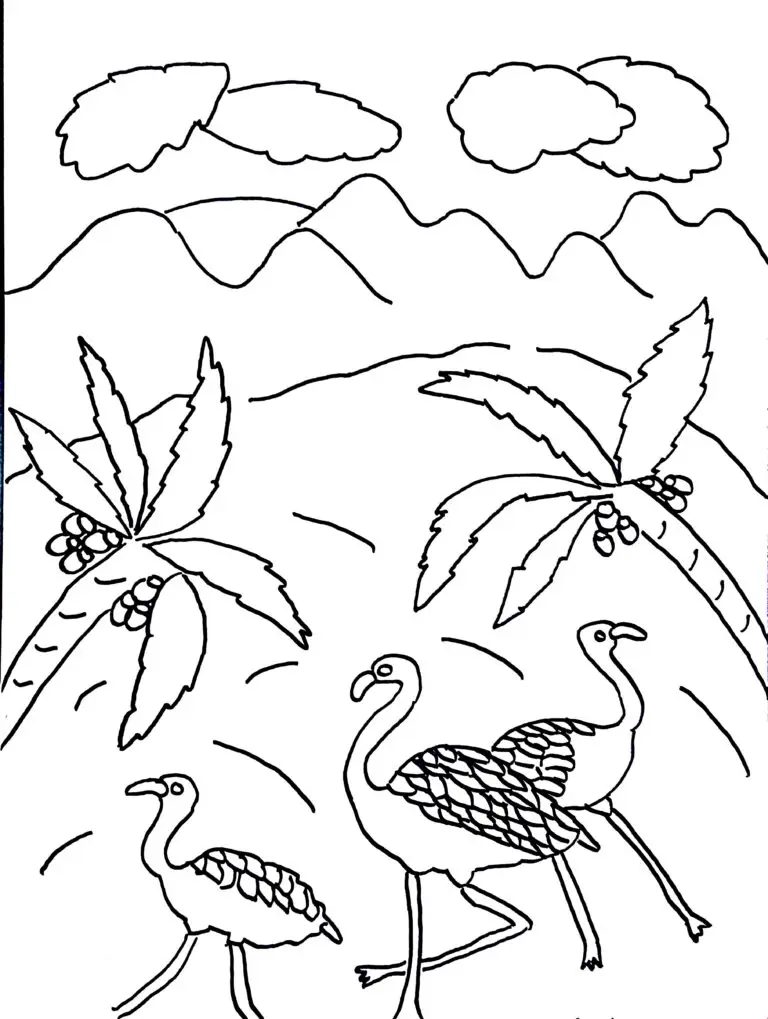 Black and white line art coloring page showing a family of three flamingos wading through water near coconut palm trees with mountains and clouds in the background.