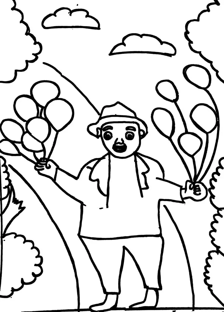 Among the childrens colouring pages, this page shows a cheerful balloon seller walking slowly along a quiet road. He carries many colorful balloons, all round in shape and tied with strings that flutter slightly in the breeze. Tall trees line the road, their leaves gently swaying in the wind, while soft clouds float across the blue sky.