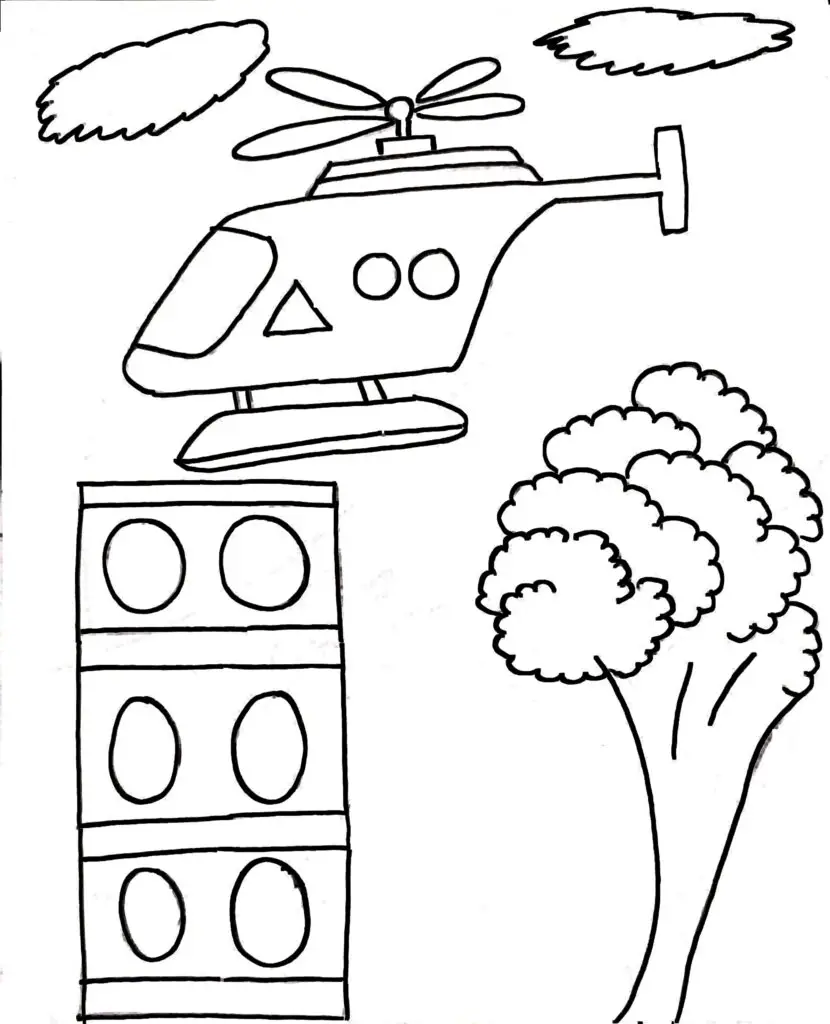 In this childrens colouring page here, a helicopter is shown which flies above the building.