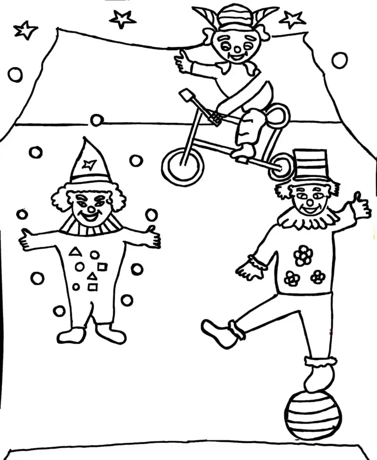 On this page of fun colouring pages, there are three cheerful clowns putting on a fantastic show under the big top. Each clown is performing a different act, full of energy and fun! One clown is juggling brightly colored balls high into the air, showing off amazing skill and focus. The second clown is riding a tiny circus bicycle, pedaling across the stage with a big smile. The third clown is balancing carefully on a football, arms outstretched to stay steady.