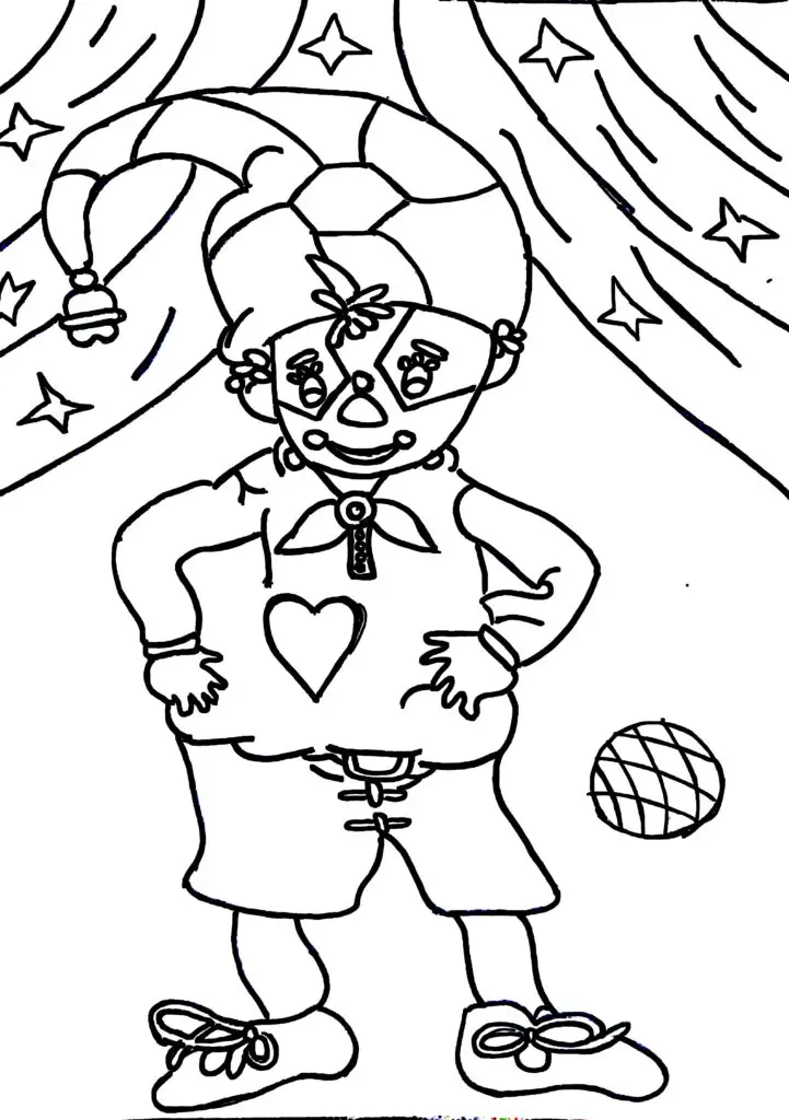 Among the childrens colouring pages, this page shows the Joker standing proudly on a lively circus stage. He wears bright, cheerful clothes, a big red nose, and a colorful hat on his head. His wide, playful smile adds to the fun atmosphere. A ball rests beside him, ready to be part of his act.