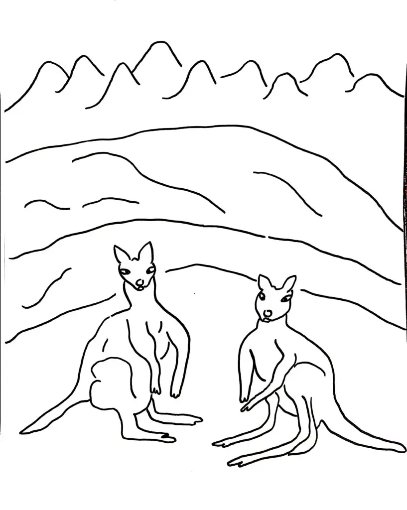 On this page of animal coloring pages, there are two kangaroos near water.