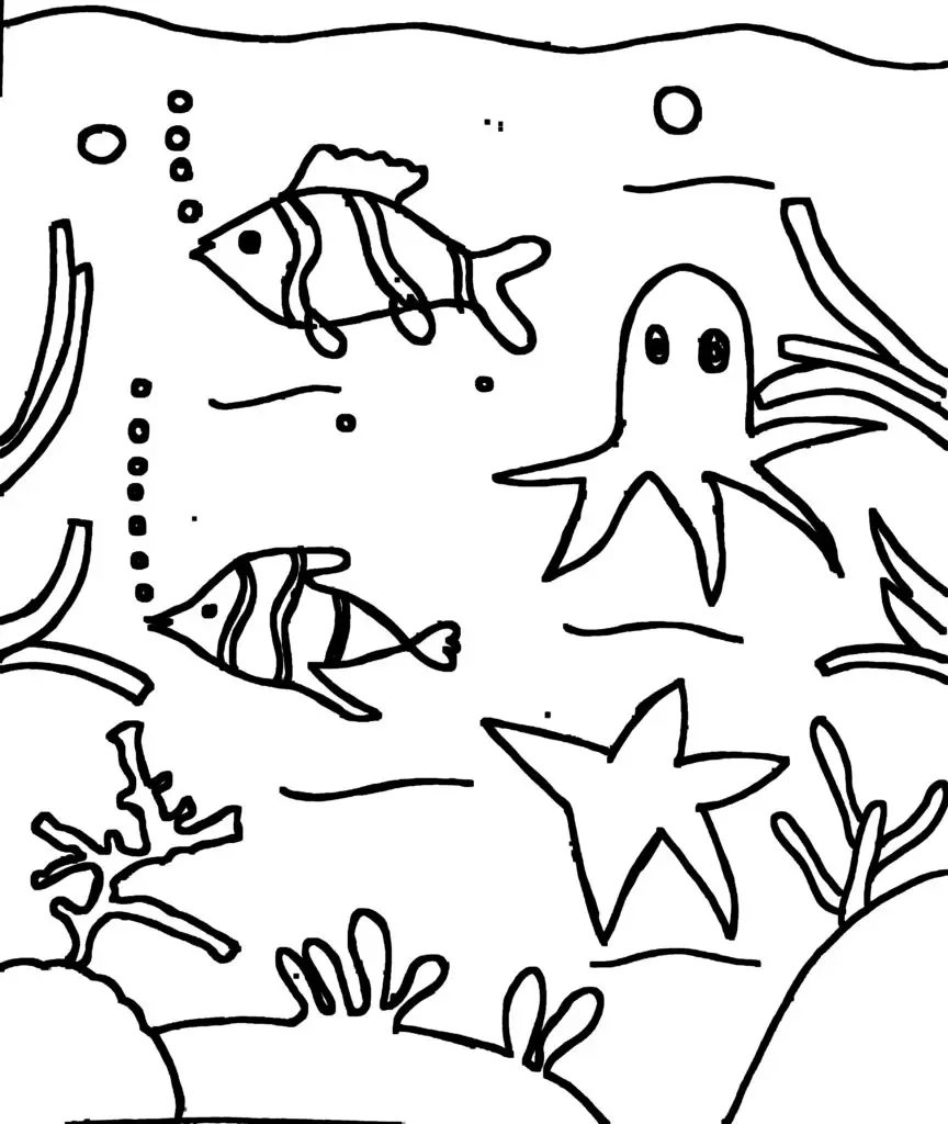 Among the childrens colouring pages, this page shows a lively underwater scene with friendly sea creatures. A clown fish swims near a rock, an octopus spreads its arms wide, and a starfish rests peacefully on the ocean floor. Bubbles rise around them, adding movement and fun to the picture.