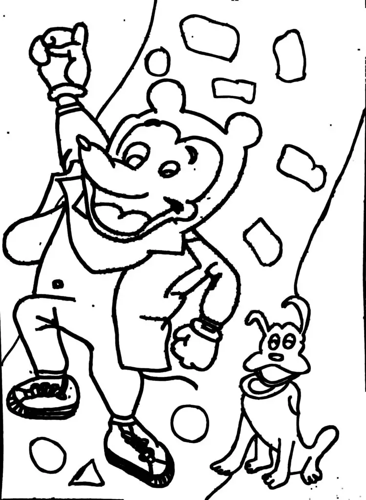 On this page, among the colouring pages of Disney, the cheerful Mickey Mouse is standing outside Mickey Mouse's clubhouse, with his dog Pluto. Here Mickey Mouse is dancing and Pluto is sitting on green grass. At the backside, there is a road.