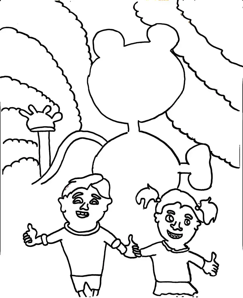 Among the childrens colouring pages, this page features a magical moment as two kids—a cheerful boy and a smiling girl—stand outside the famous Mickey Mouse Clubhouse. The scene captures the excitement and wonder of their visit, with the iconic clubhouse standing proudly in the background. The clubhouse is surrounded by lush greenery, with soft grass, bushes, and trees, creating a bright and welcoming environment.