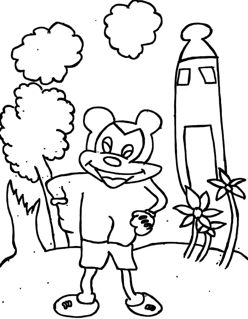 On this page, among the colouring pages of Disney, the cheerful Mickey Mouse is standing in a garden. Behind Mickey Mouse there is a tall tower, tree and flower plants.