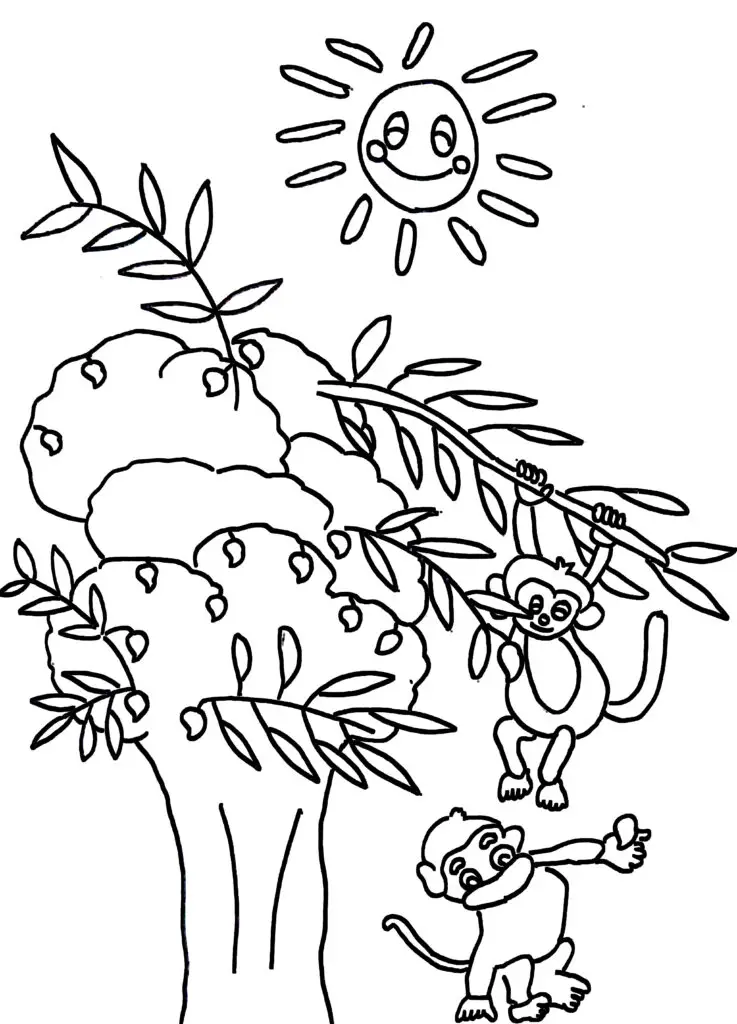 Among the animal coloring pages, on this page, two monkeys are eating mango