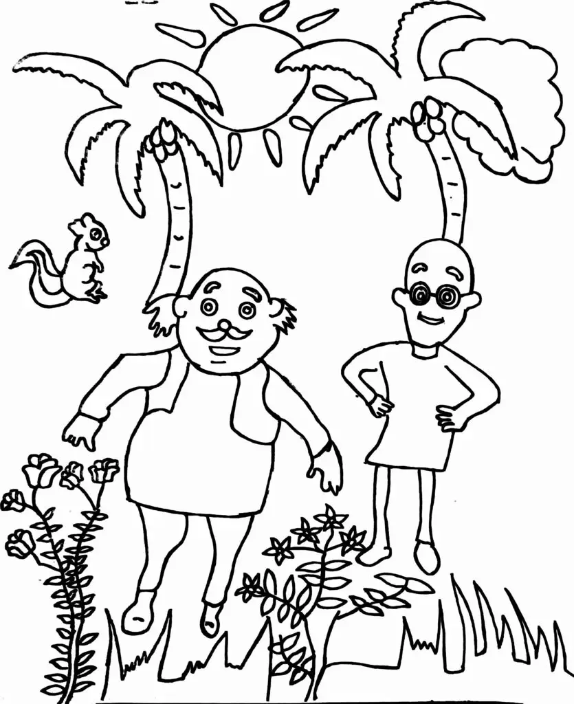 On this page of fun colouring pages, there are Motu and Patlu walking in a garden. The sun is shining in the sky, clouds behind it. On the backside of the motu and Patlu, there are very tall coconut trees. A squirrel is there near a coconut tree. In front of Motu and Patlu there are flowers and bushes.
