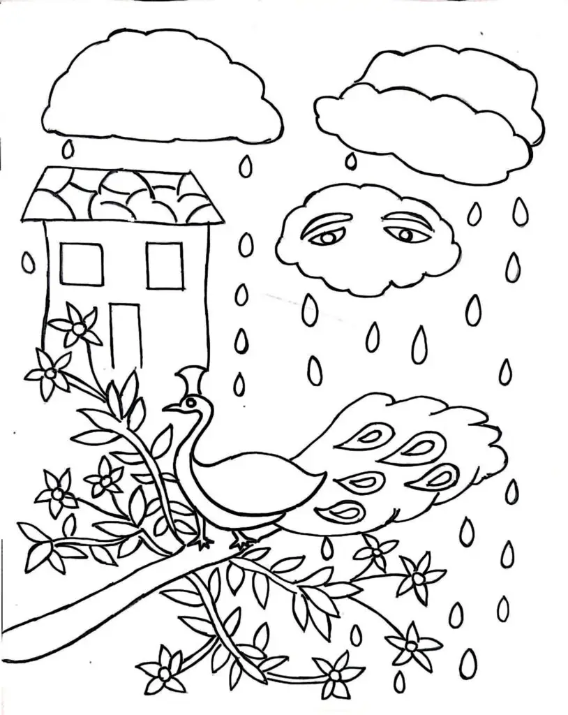 On this page of birds coloring pages, a peacock is standing outside the house.
