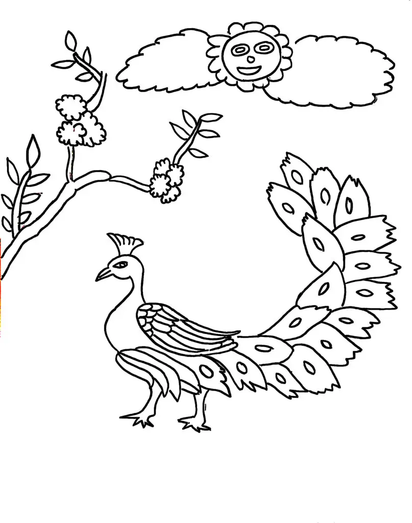 On this page of birds coloring pages, a peacock is standing in a garden.