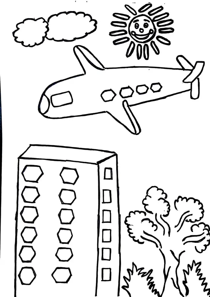 On this page of colouring pages for adults, there is a plane in the sky.