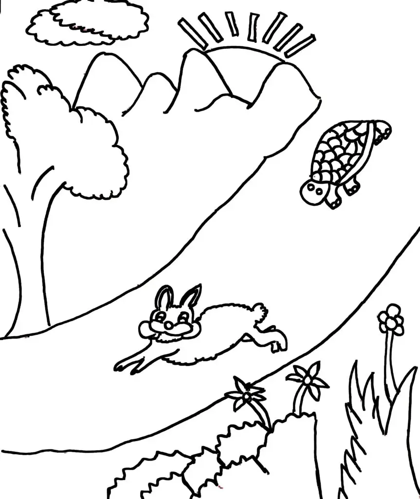 On this page of animal colouring pages, the rabbit is speeding ahead of the tortoise in a friendly forest race.( image 1)
