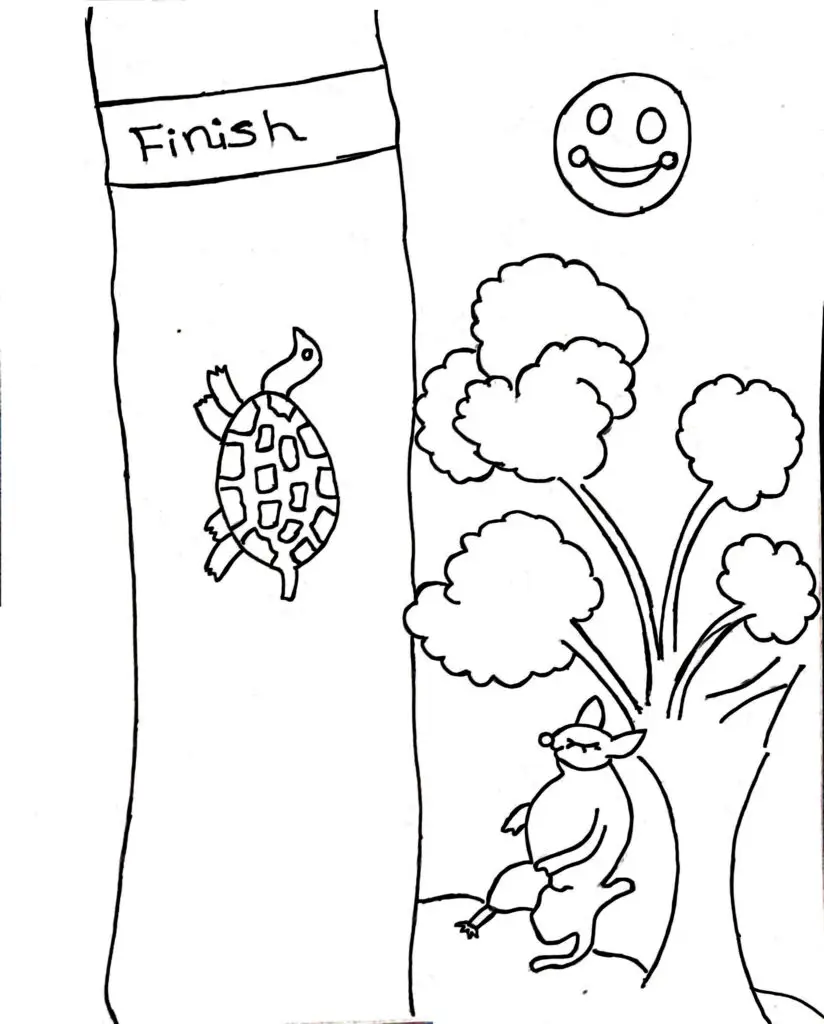 On this page of animal colouring pages, there is a race between a rabbit and a tortoise. ( image 2)